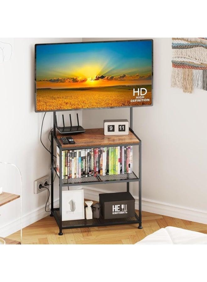 أوبتيا حامل تلفزيون أرضي لشاشات من 23 إلى 50 بوصة، حامل تلفزيون محمول شديد التحمل مع أرفف تخزين، عربة تلفزيون مع رف وسائط خشبي، حوامل تلفزيون أرضية عالمية مع حامل، رف مكتب تلفزيون زاوية بني ريفي للمساحات الصغيرة - Image 1